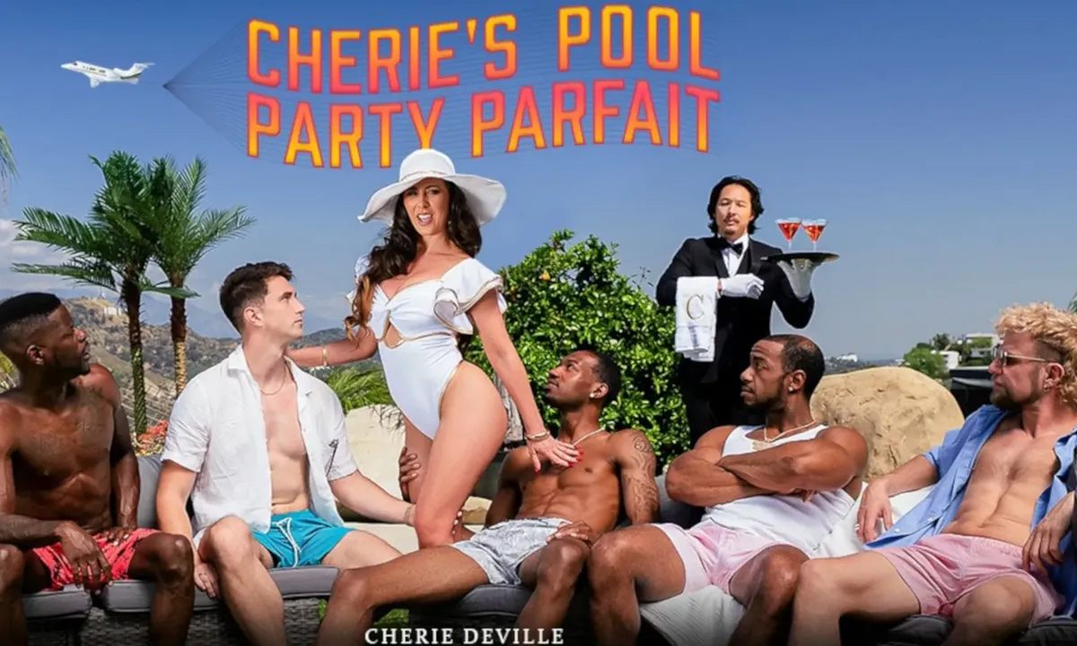 Brazzers key art for Cherie’s Pool Party Parfait, a scripted poolside set piece
