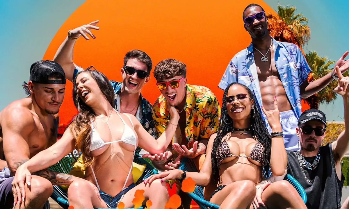 Brazzers editorial still: a summer party cast against an orange backdrop