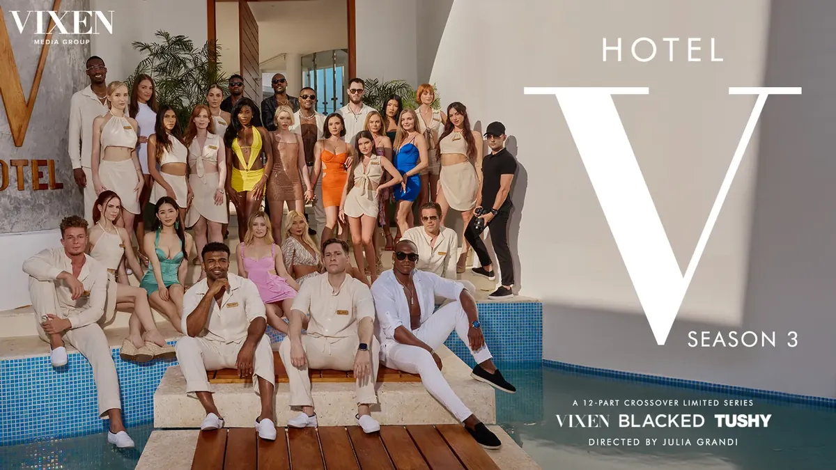 Hotel V season 3 key art: the cast of the Vixen, Blacked and Tushy crossover series