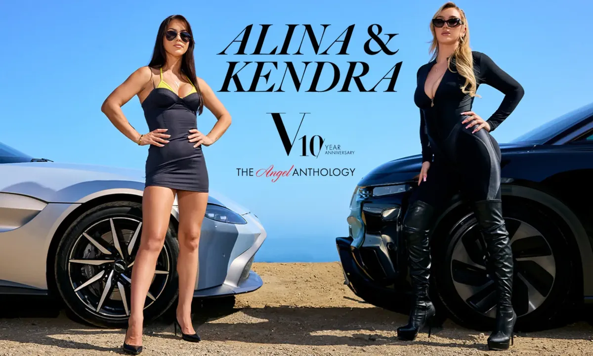 Vixen V10 Angel Anthology key art: two performers beside luxury cars