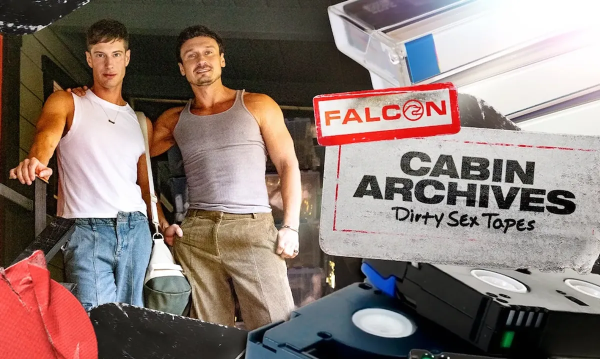 Falcon key art for Cabin Archives: two performers beside archive tape crates