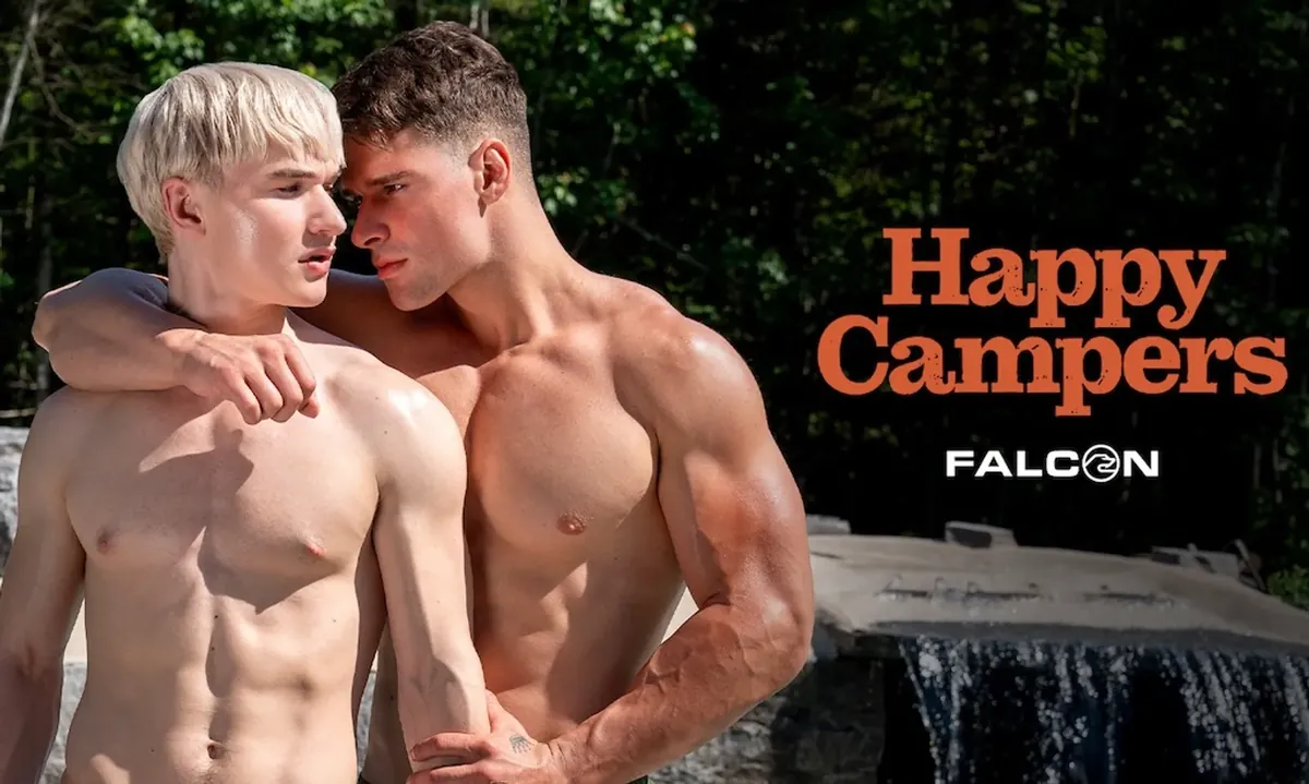 Falcon key art for Happy Campers: two performers by a waterfall