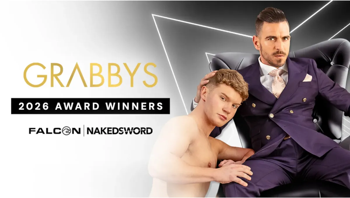 Falcon and NakedSword key art: a performer in a purple suit beside a co-star
