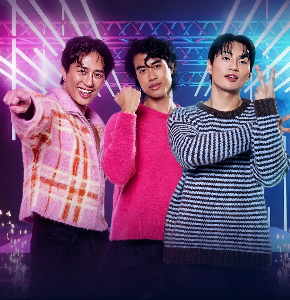 MEN key art: three performers on a K-pop-styled stage