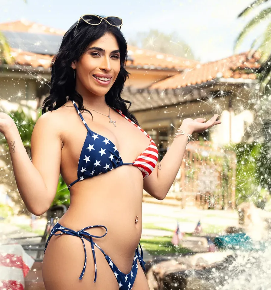 Trans Angels editorial still: a performer in a stars-and-stripes bikini