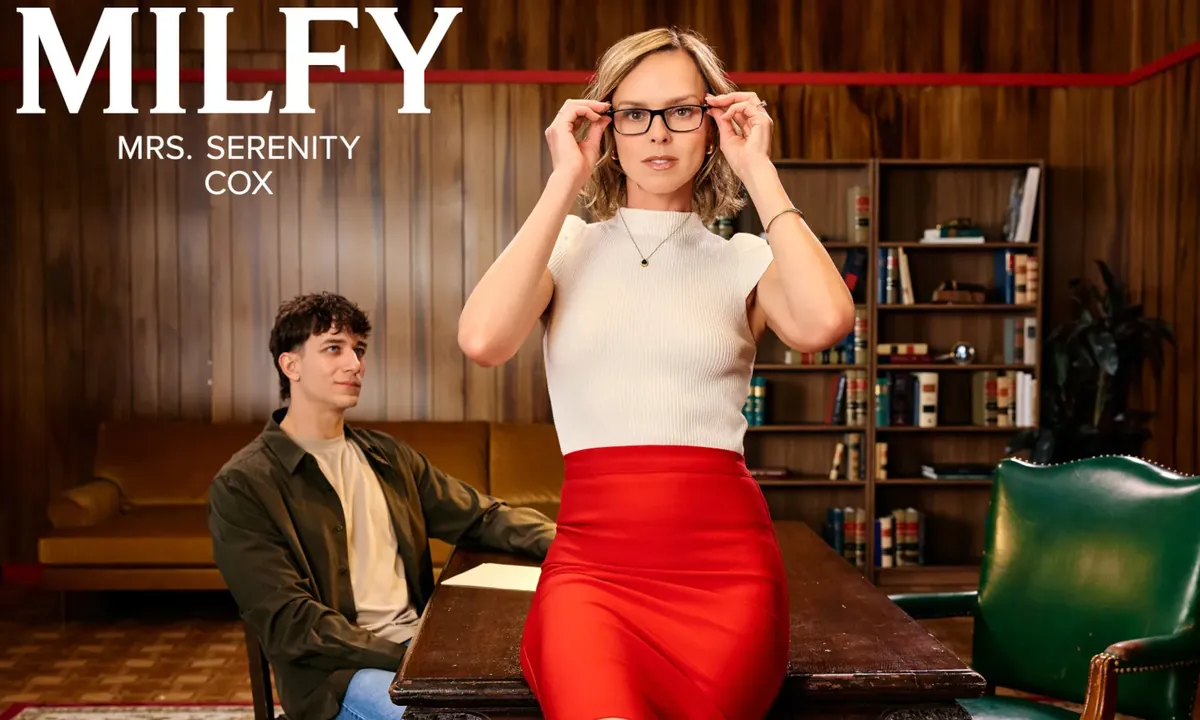 MILFY key art featuring Mrs. Serenity Cox on a wood-panelled office set